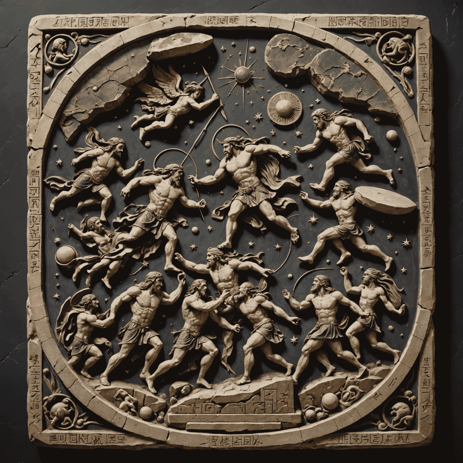 Ancient stone tablets depicting the birth of Titans, with celestial bodies and primordial forces swirling around them