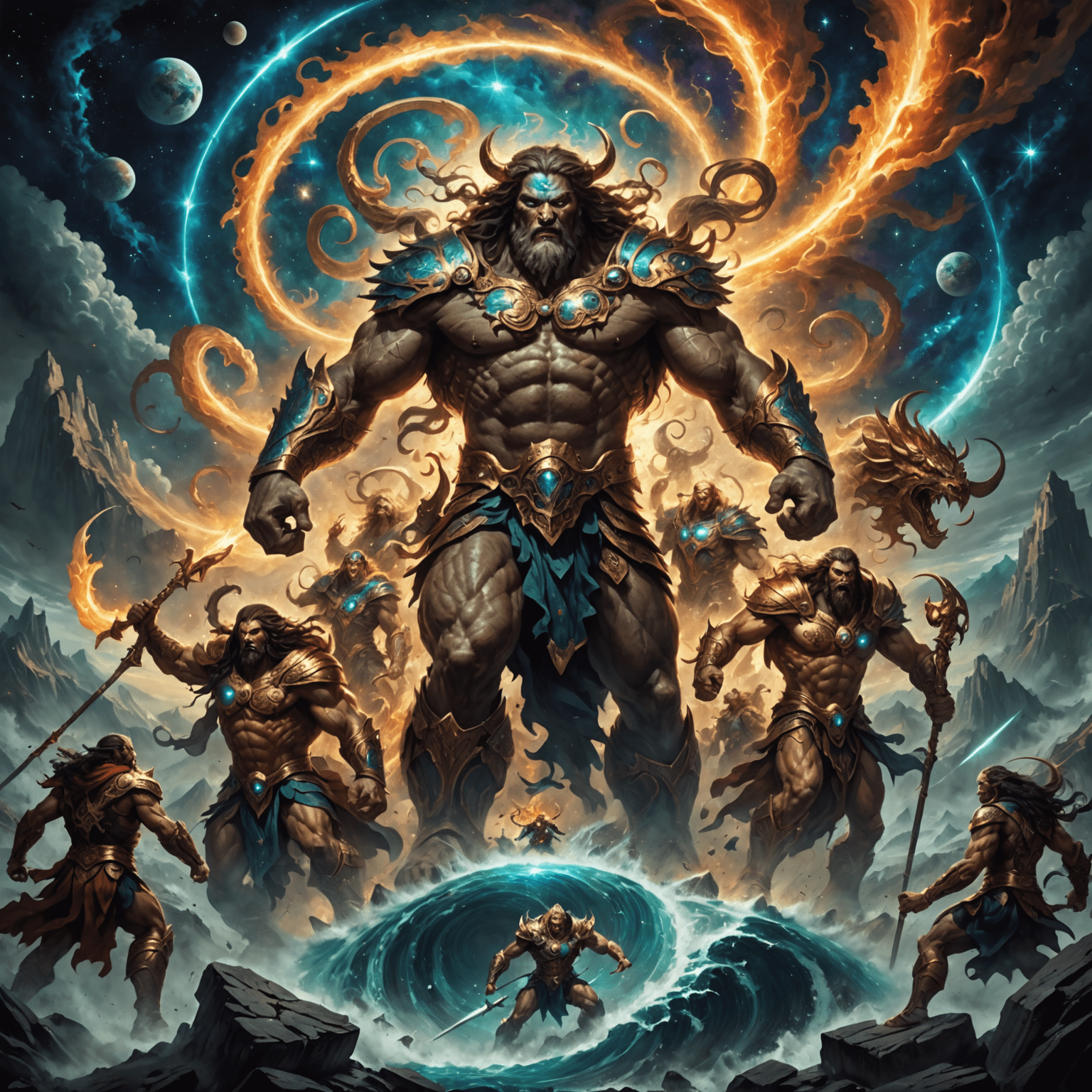 An epic illustration depicting ancient Titans rising from primordial chaos, with swirling cosmic energies and mythical landscapes in the background