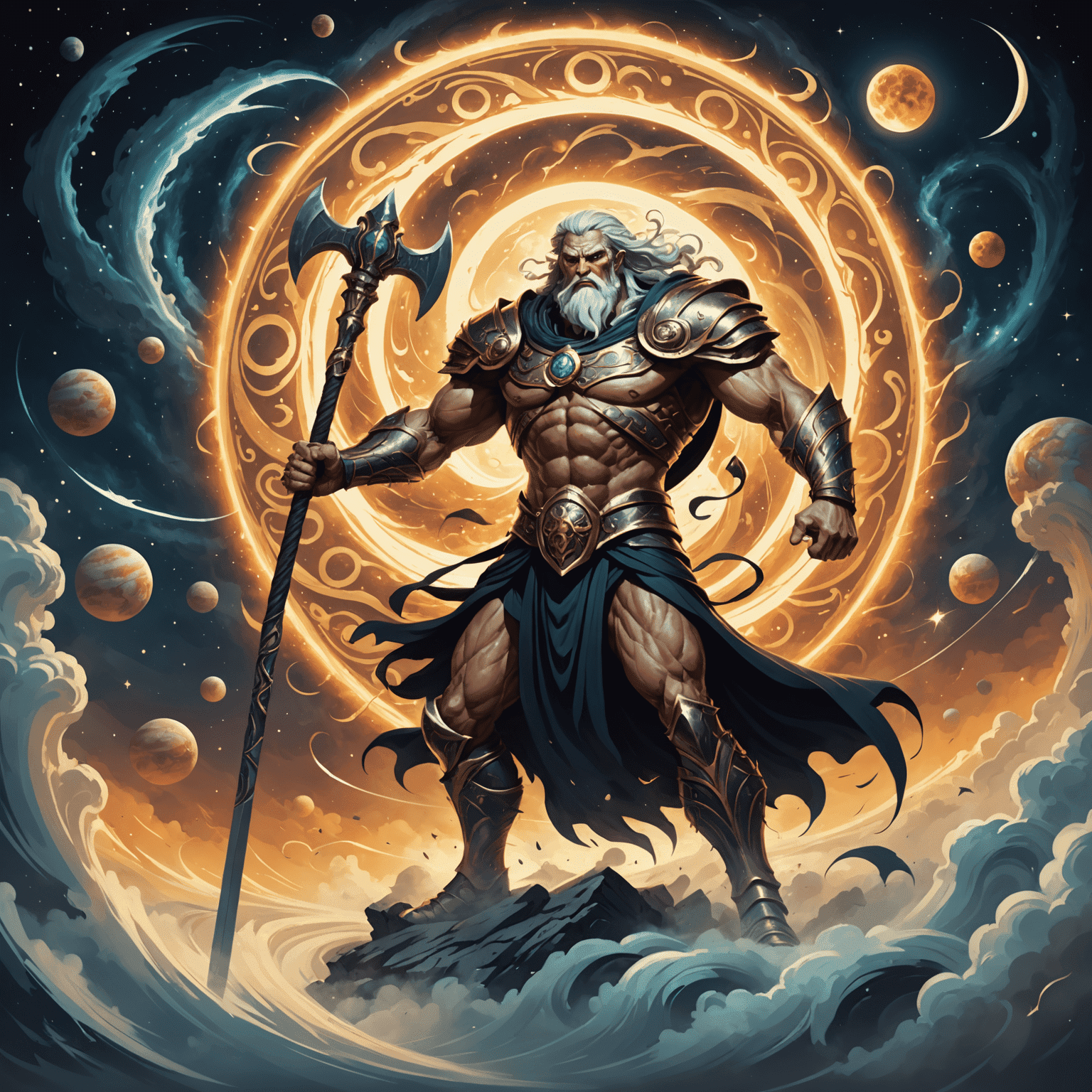 Illustration of Cronos, the Titan of Time, wielding a large scythe against a backdrop of swirling time vortexes and celestial bodies