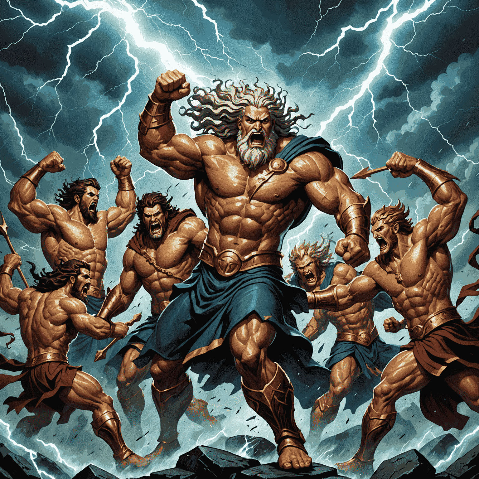 A dramatic illustration of Titans and Olympian Gods locked in fierce combat. Zeus hurls lightning bolts at Cronus, while other deities and Titans clash in the stormy background.