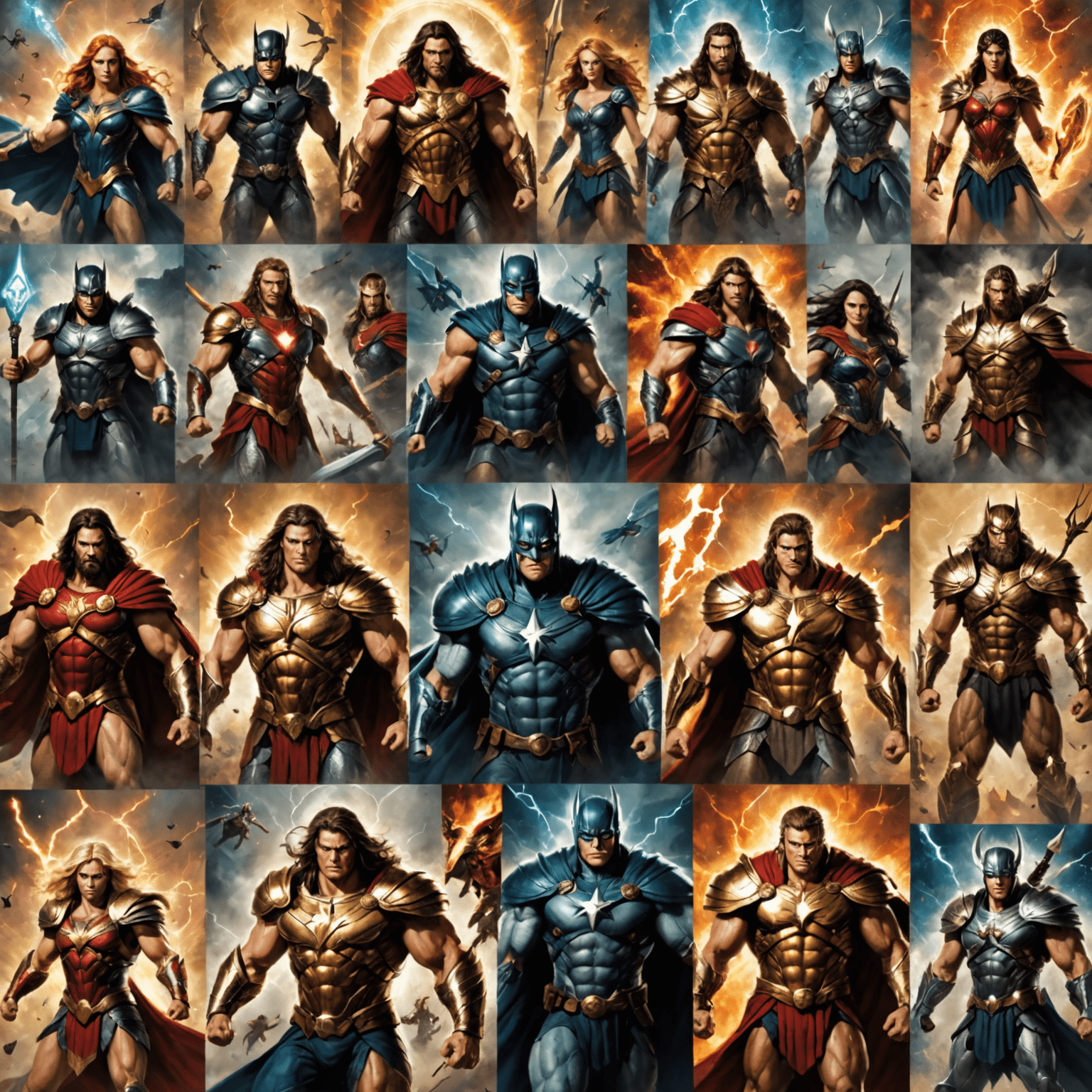 Collage of famous Titans from different mythologies, each wielding their iconic powers and attributes