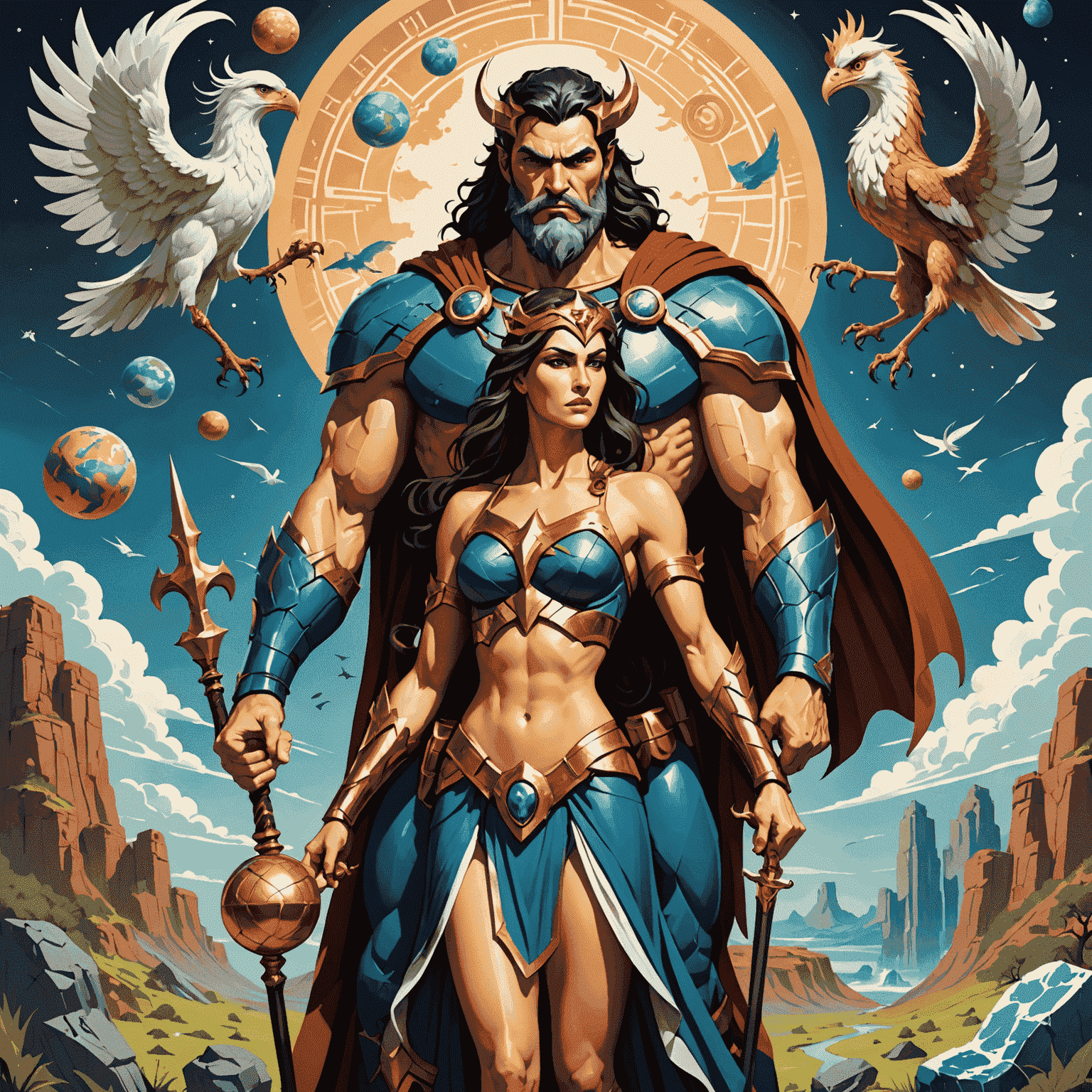 A majestic portrayal of the Titans Cronus and Rhea, surrounded by symbols of their dominion over time and the earth