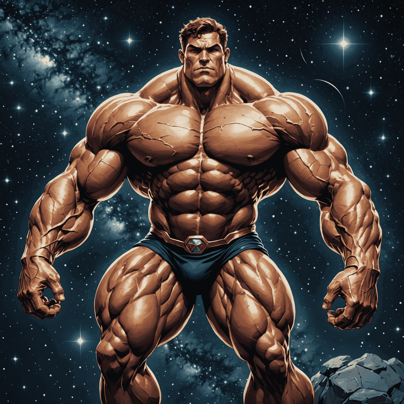 Powerful image of Atlas, the Titan of Endurance, carrying the weight of the world on his shoulders, muscles straining, against a starry cosmic background