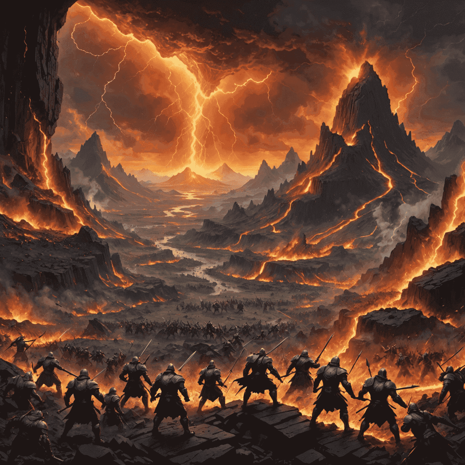 A panoramic view of a battlefield with Titans wielding mountains as weapons, while Olympian Gods command the elements. The landscape is torn asunder, with lava flows and lightning strikes illuminating the scene.