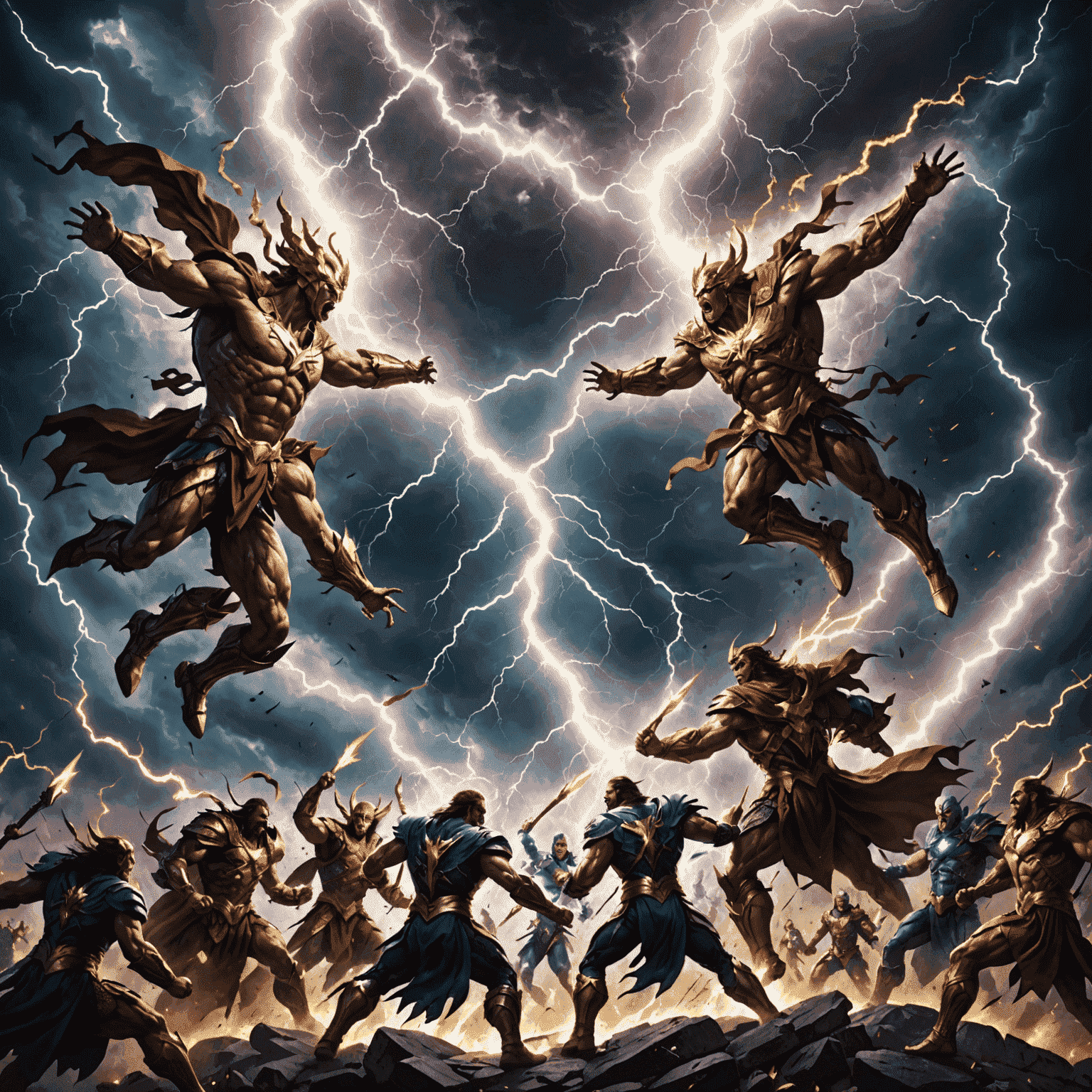 Epic battle scene between Titans and Gods, with lightning bolts and cosmic energies clashing in the sky