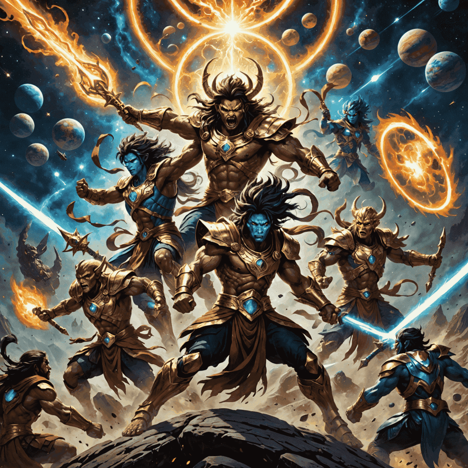 A dynamic scene of Asuras engaged in cosmic battle, showcasing their immense power and otherworldly forms