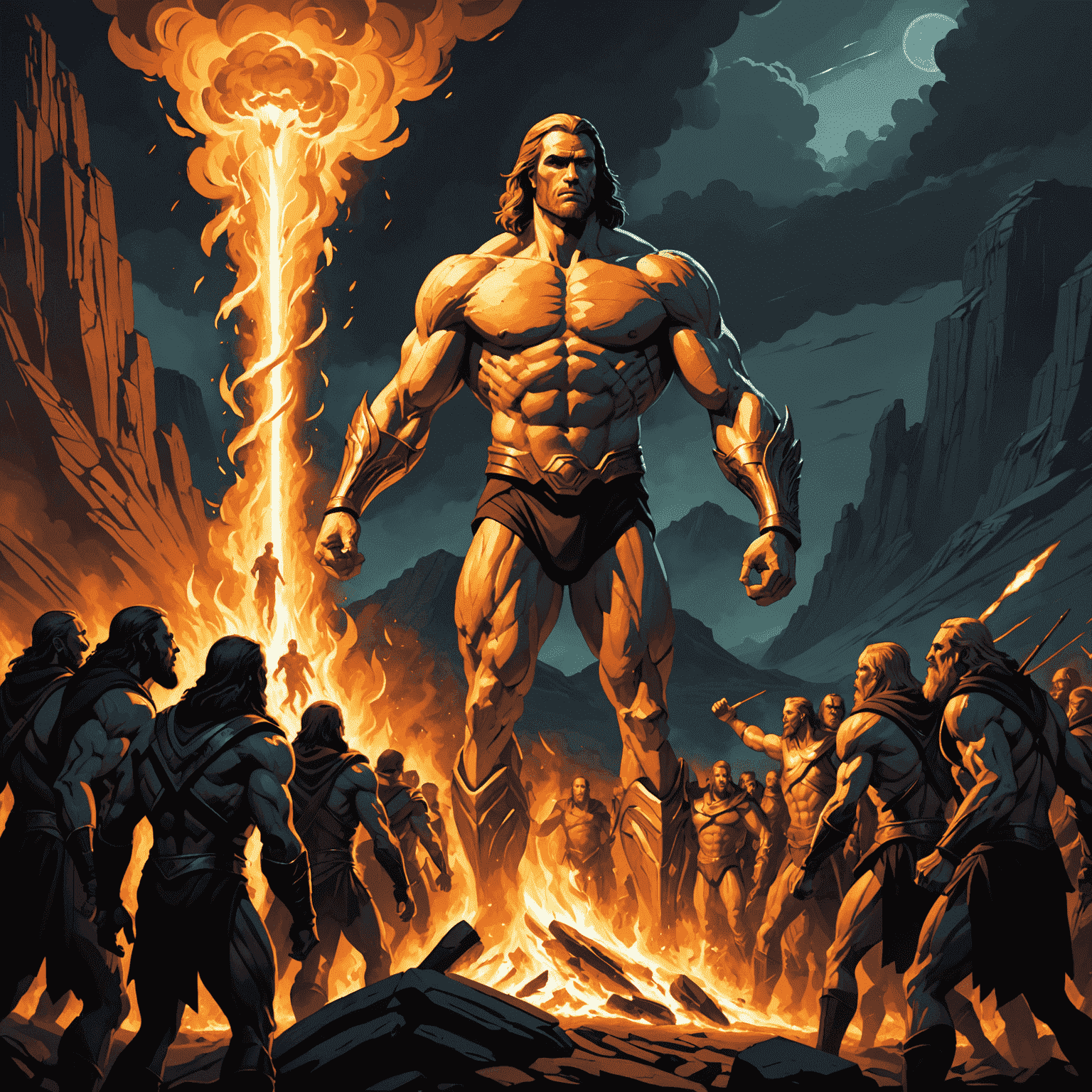 Dramatic scene of Prometheus, the Titan of Forethought, bringing fire to humanity, illuminating a group of awestruck humans against a dark, primordial landscape