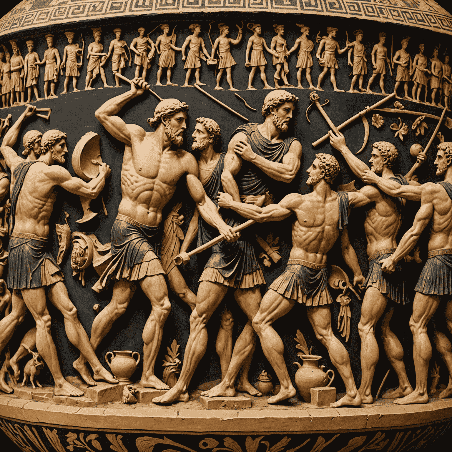 A montage of ancient Greek pottery and modern artistic interpretations depicting various scenes from the Titanomachy. The images show the evolution of how this epic battle has been represented throughout history.