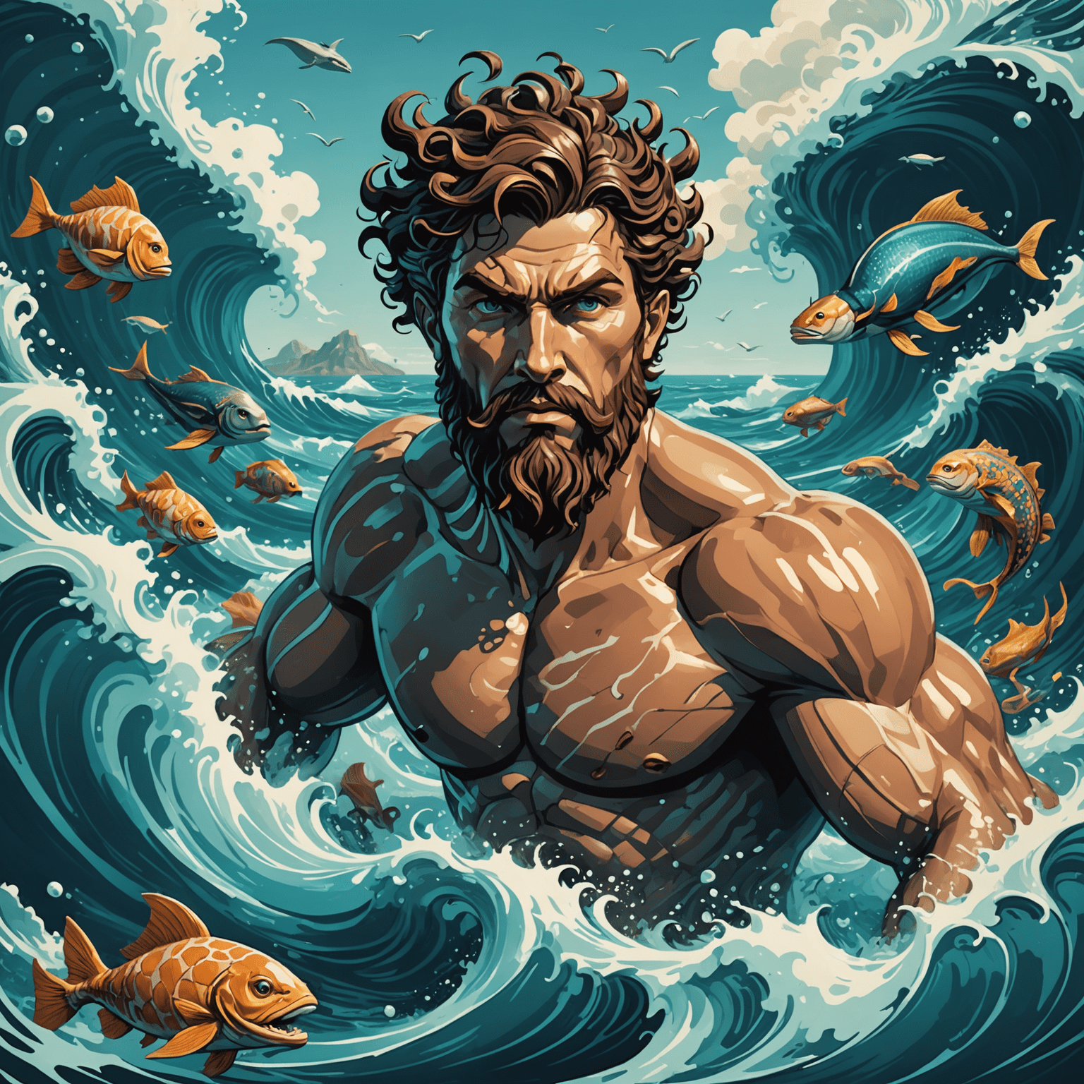 Majestic portrayal of Oceanus, the Titan of the Sea, rising from turbulent waters, surrounded by various sea creatures and swirling currents
