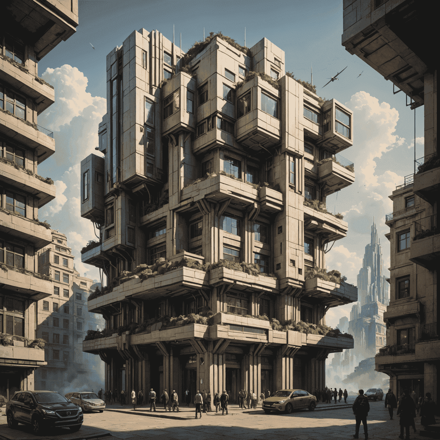 Montage of Titan-inspired architecture and artworks, including sculptures, paintings, and buildings