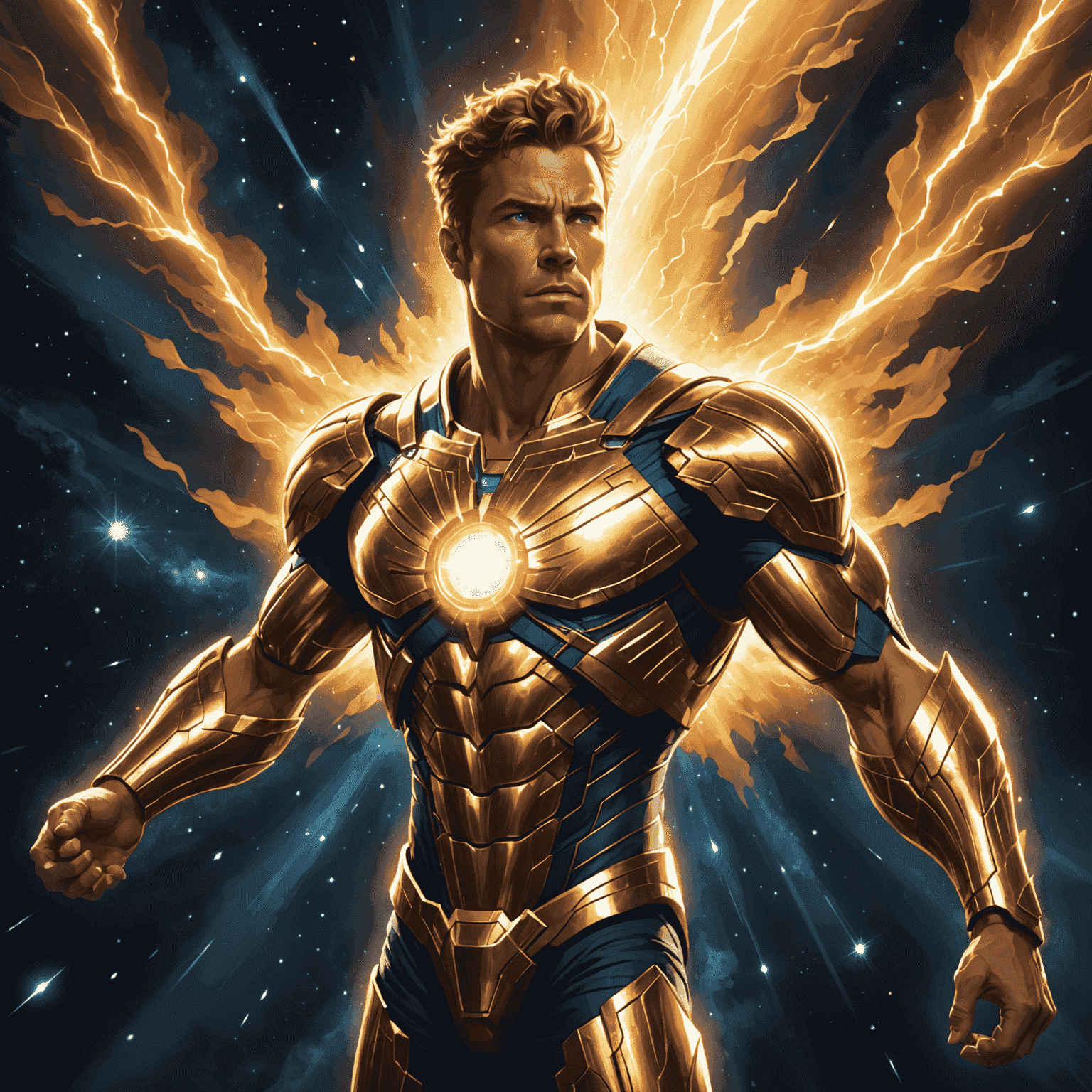 Ethereal image of Hyperion, the Titan of Light, emanating brilliant rays of light that pierce through darkness, illuminating the cosmos around him